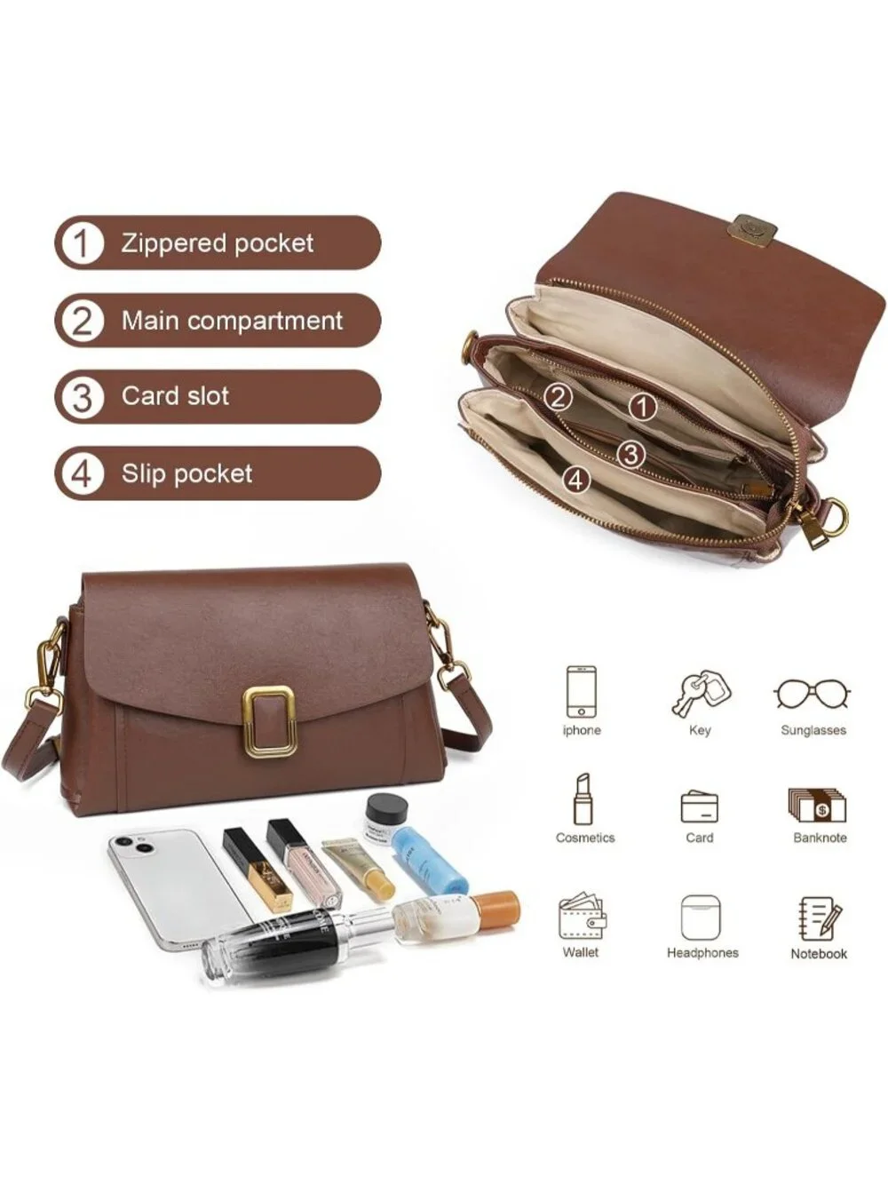 Women's Off-White Genuine Leather Lightweight 2 Detachable Straps Crossbody Bags
